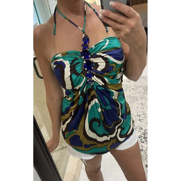 Sky Tops - Sky Silk Halter Top Blue Jewel Accents Resort Night Club Multicolor Swirl L